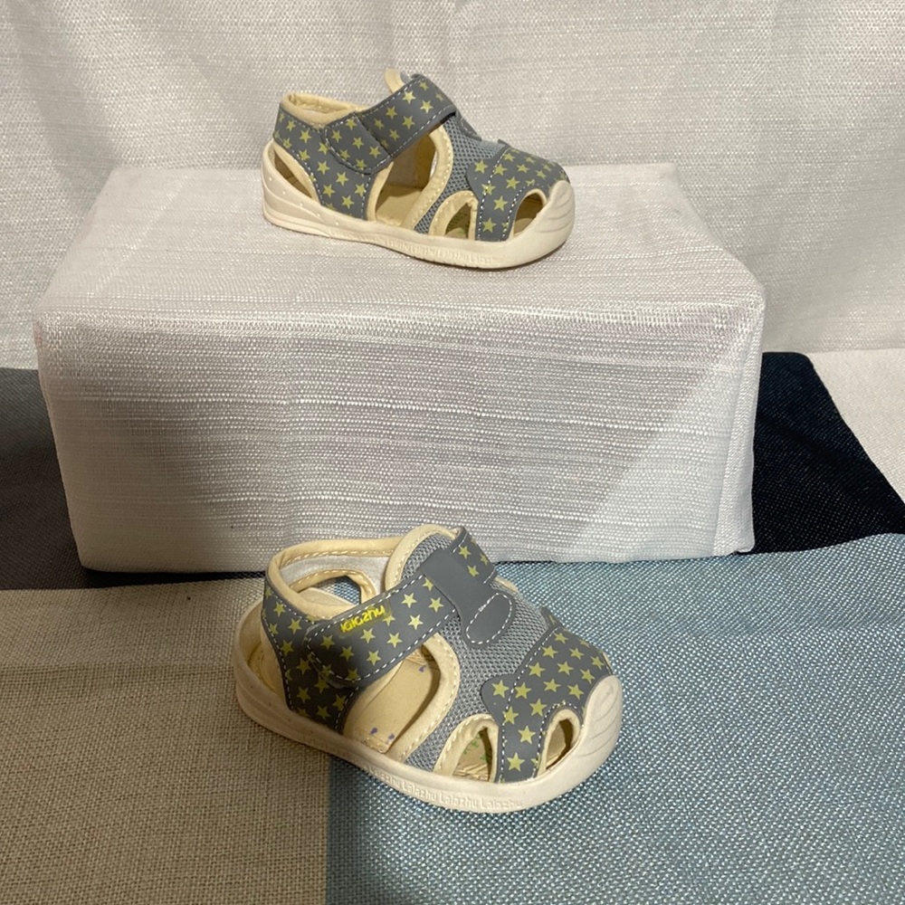 Gray and tan with stars baby Velcro sandals